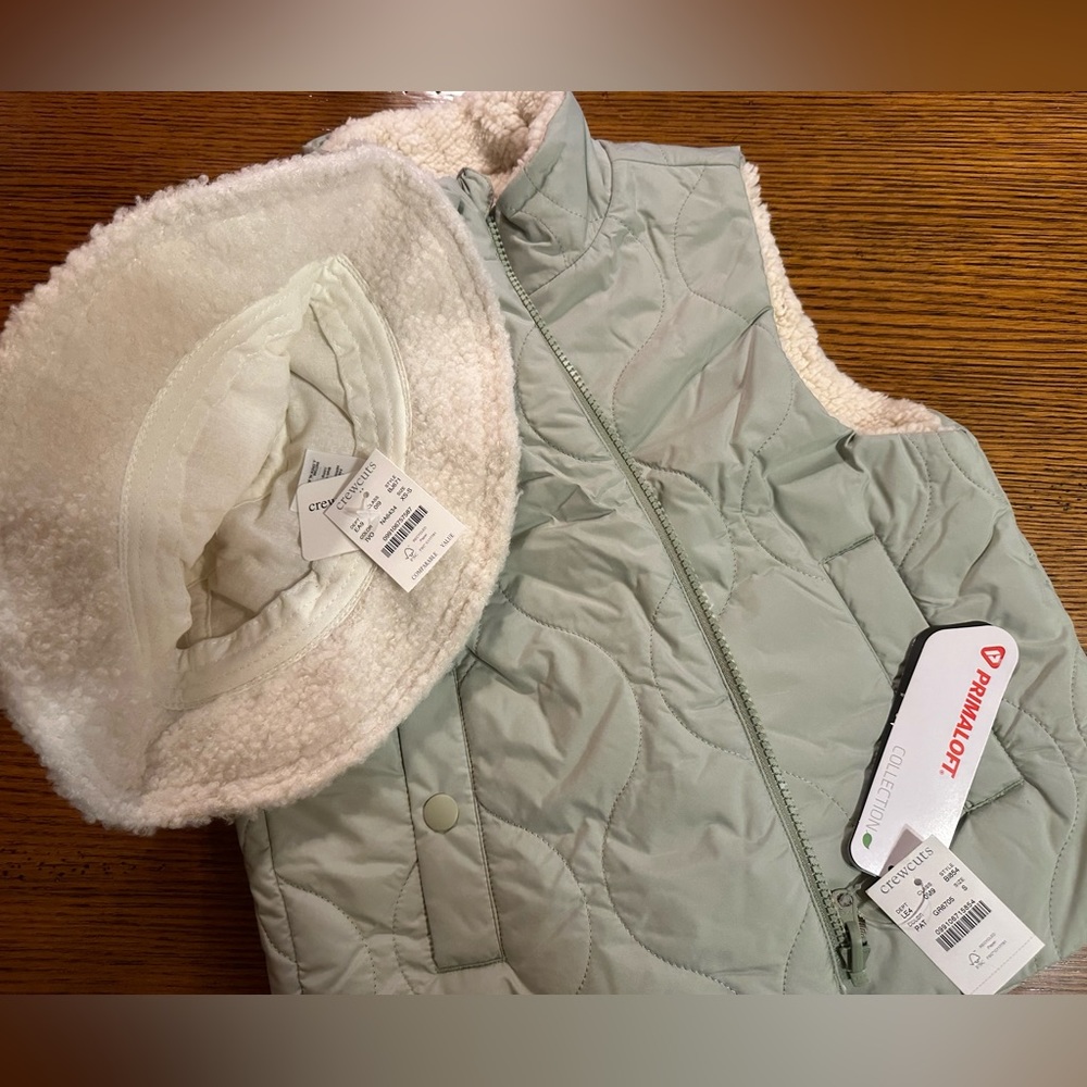 J. Crew  Girls’ reversible quilted vest with PrimaLoft & Sherpa Bucket Hat